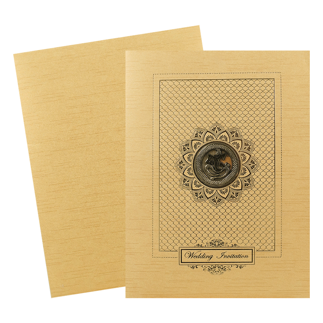 Gold Ganesha Lotus Embossed Wedding Card-KNRM7085G