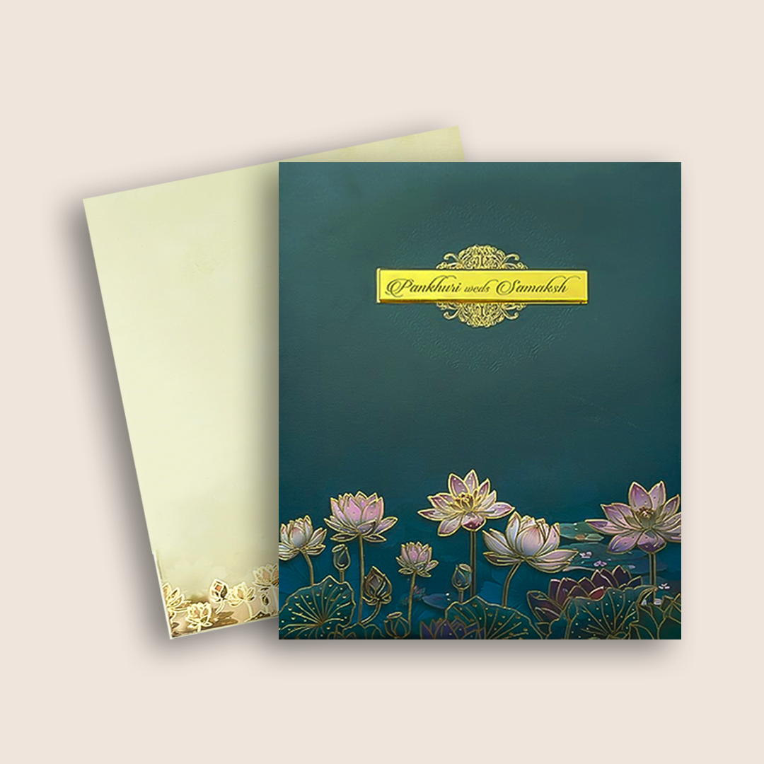 Blue Padded Lotus Wedding Card - KAK01350