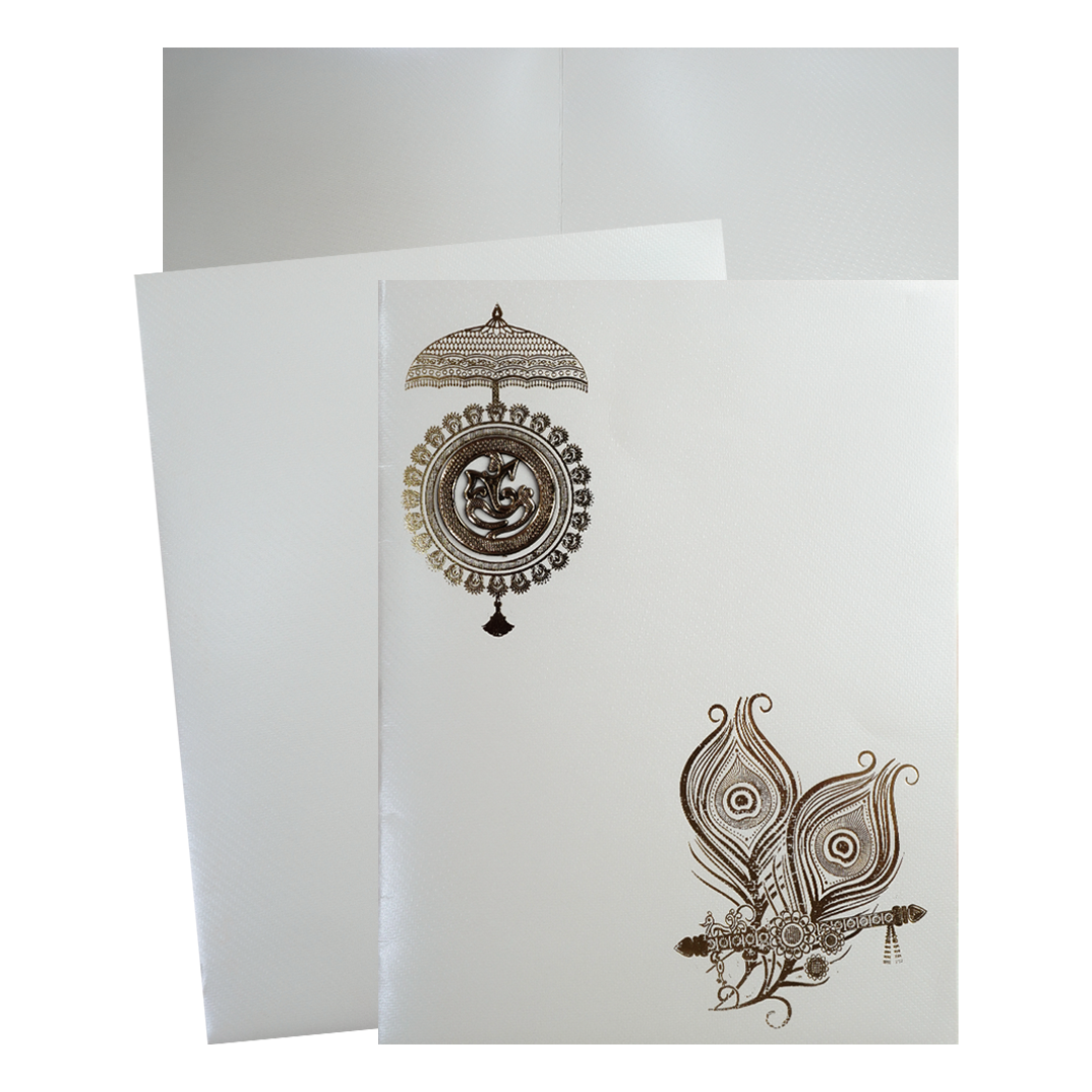 White Ganesha Umbrella Peacock Feather Wedding Card-KNWT5015