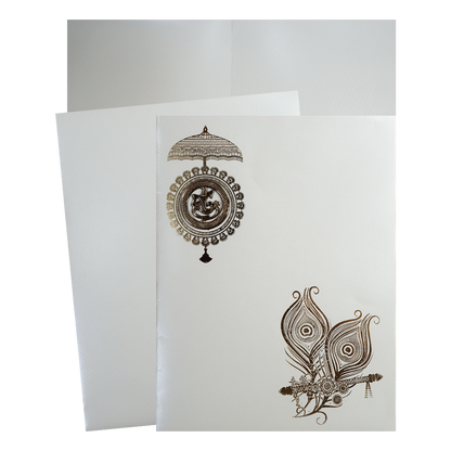 White Ganesha Umbrella Peacock Feather Wedding Card-KNWT5015