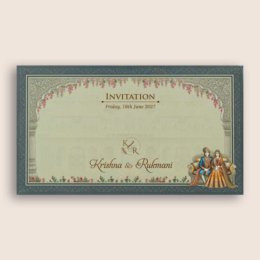 Teal Blue Royal Palace Bride Groom Floral Padded Wedding Invitation Card - KJTS1921