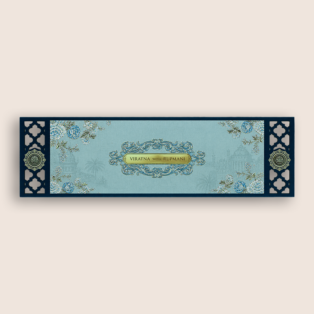 Blue MDF Floral Three Fold Wedding Card - KJTS1908