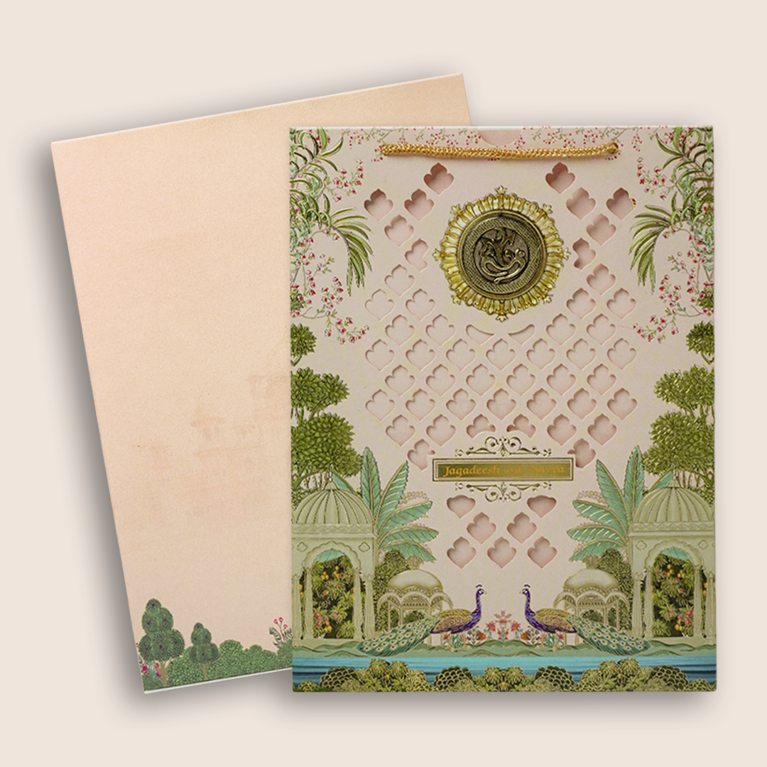 Cream Laser-Cut Bag Style Wedding Card - KNAS3106