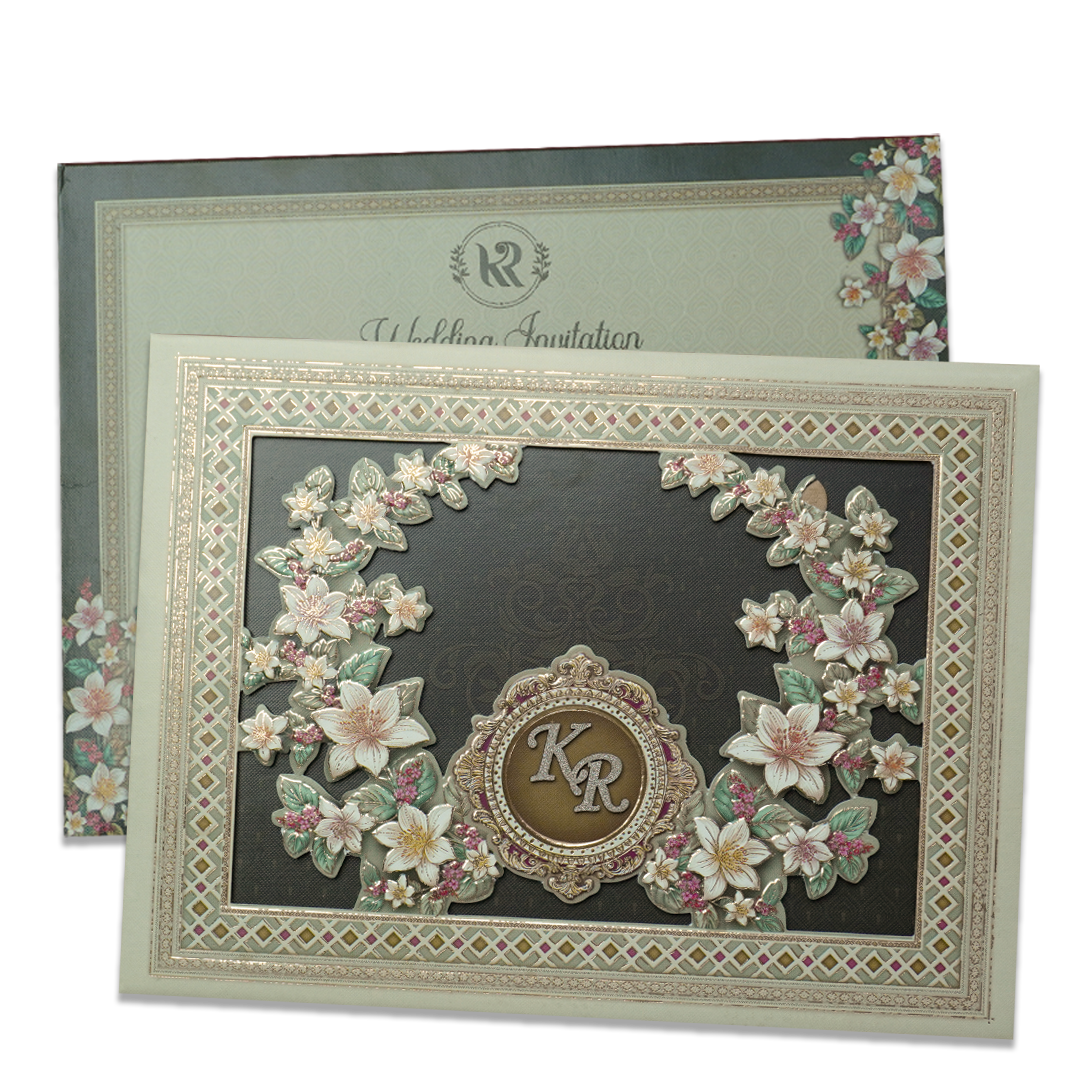 Green Floral Monogram Padded Wedding Card - KSI64120