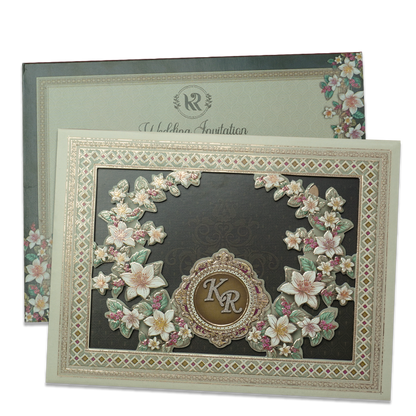Green Floral Monogram Padded Wedding Card - KSI64120