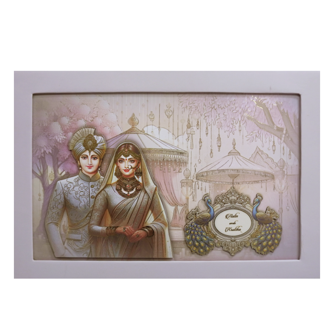 Pastel Lavender Modern Couple Peacock Laser Cut Padded Wedding Card -KMMEX8190