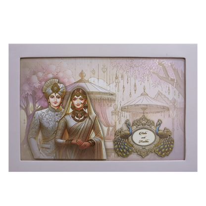 Pastel Lavender Modern Couple Peacock Laser Cut Padded Wedding Card -KMMEX8190