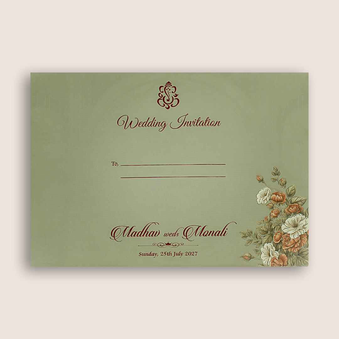 Pale Olive Green Floral Door Style Padded Wedding Card - KJTS3692