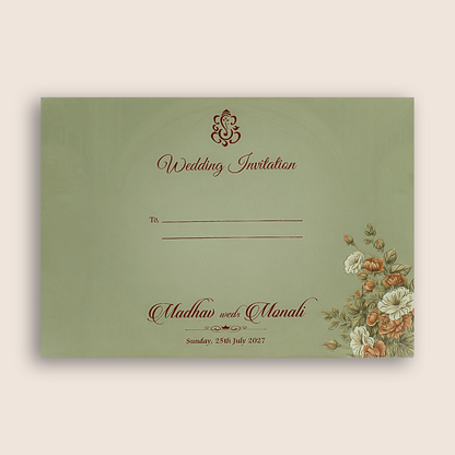 Pale Olive Green Floral Door Style Padded Wedding Card - KJTS3692