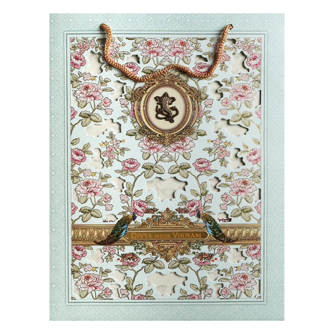 Blue Floral Laser-Cut Wedding Bag Card-KNAS3103