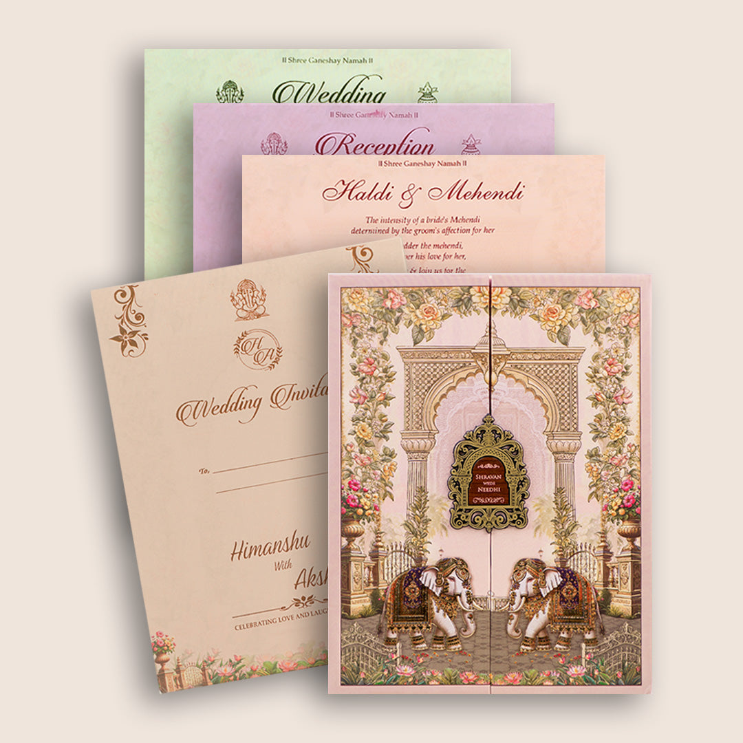 Pink Floral Elephant Padded Door Style Wedding Card - KSH73740