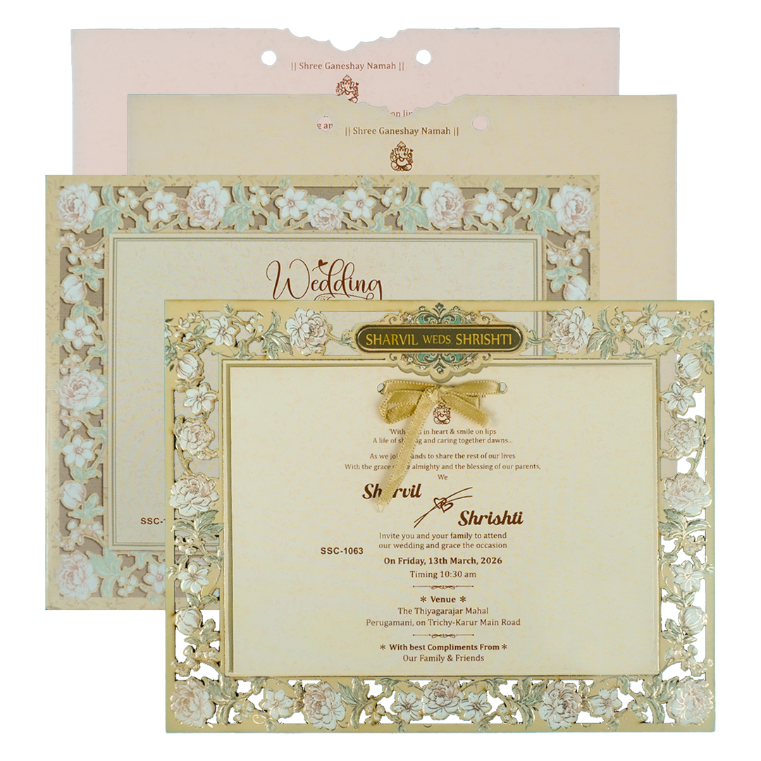 Cream Floral Laser Cut Wedding Card-KSSC1063