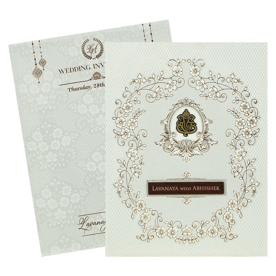 White Embossed Monogram Floral Wedding Card-KRE26870