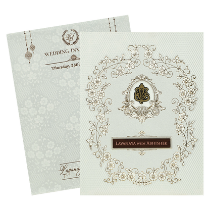 White Embossed Monogram Floral Wedding Card-KRE26870