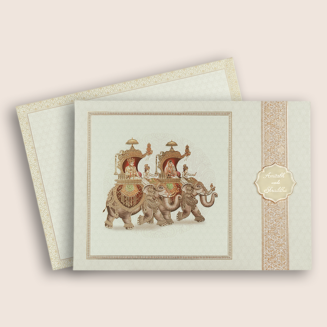 White Royal Baraat Door Style Wedding Card - KAA05420