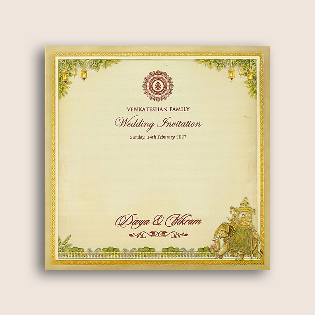 Beige Palace Elephant Padded Wedding Card - KNAM4905