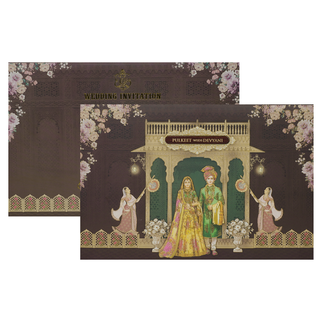 Brown Gold Stage Bride Groom Floral Padded Wedding Card-KJTS1826