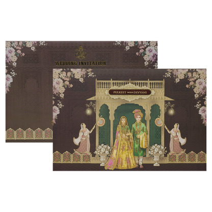 Brown Gold Stage Bride Groom Floral Padded Wedding Card-KJTS1826