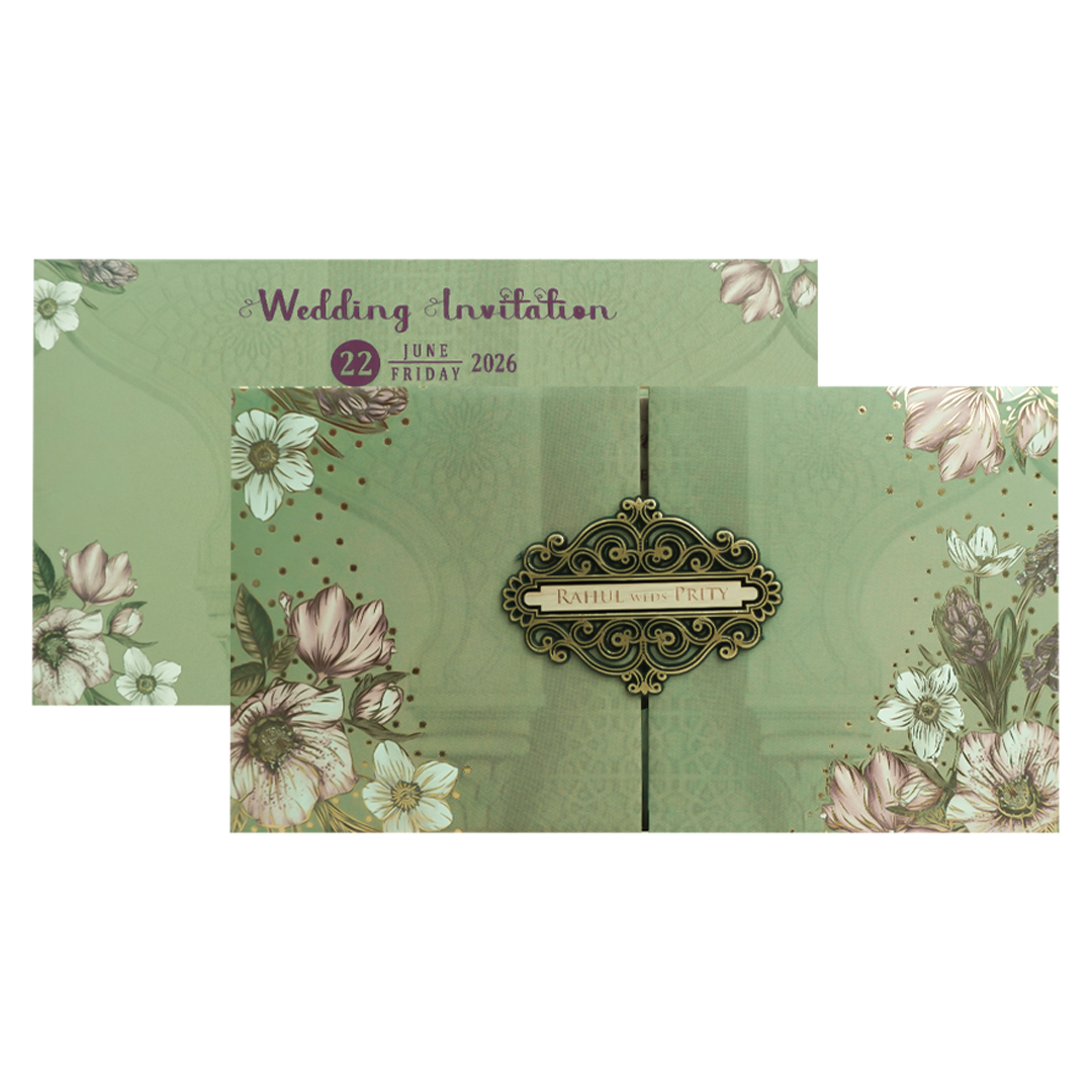 Green Floral Padded Wedding Card-KJTS1712