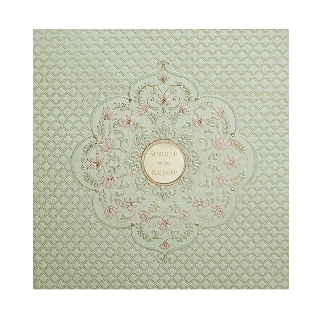 Green Pink Floral Padded Wedding Card -KMMWD1124