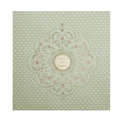 Green Pink Floral Padded Wedding Card -KMMWD1124