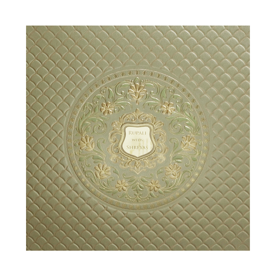 Beige Green Floral Padded Gold Embossed Wedding Card-KMMWD1103