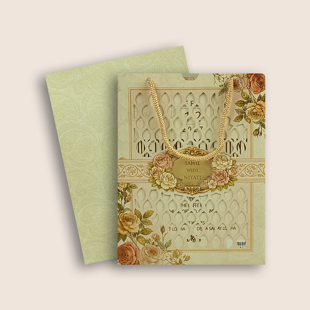 Cream Floral Laser Cut Bag Style Wedding Card - KPR07170
