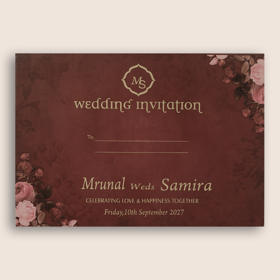 Maroon Floral Padded Door Style Wedding Invitation - KVN07160
