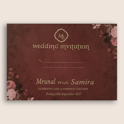 Maroon Floral Padded Door Style Wedding Invitation - KVN07160