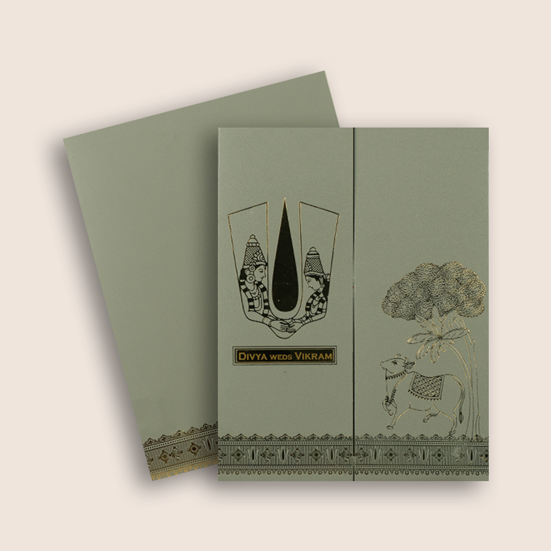 Grey Vaishnava Tilak Door Style Wedding Card - KNRR8708G