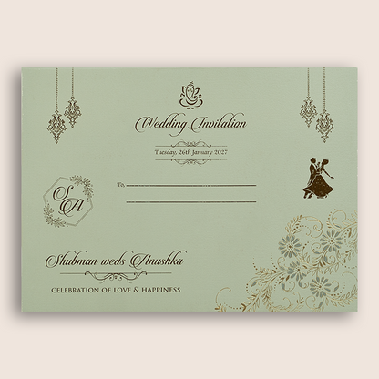 Pastel Green Embossed Floral Door Style Padded Marriage Card - KRB10461