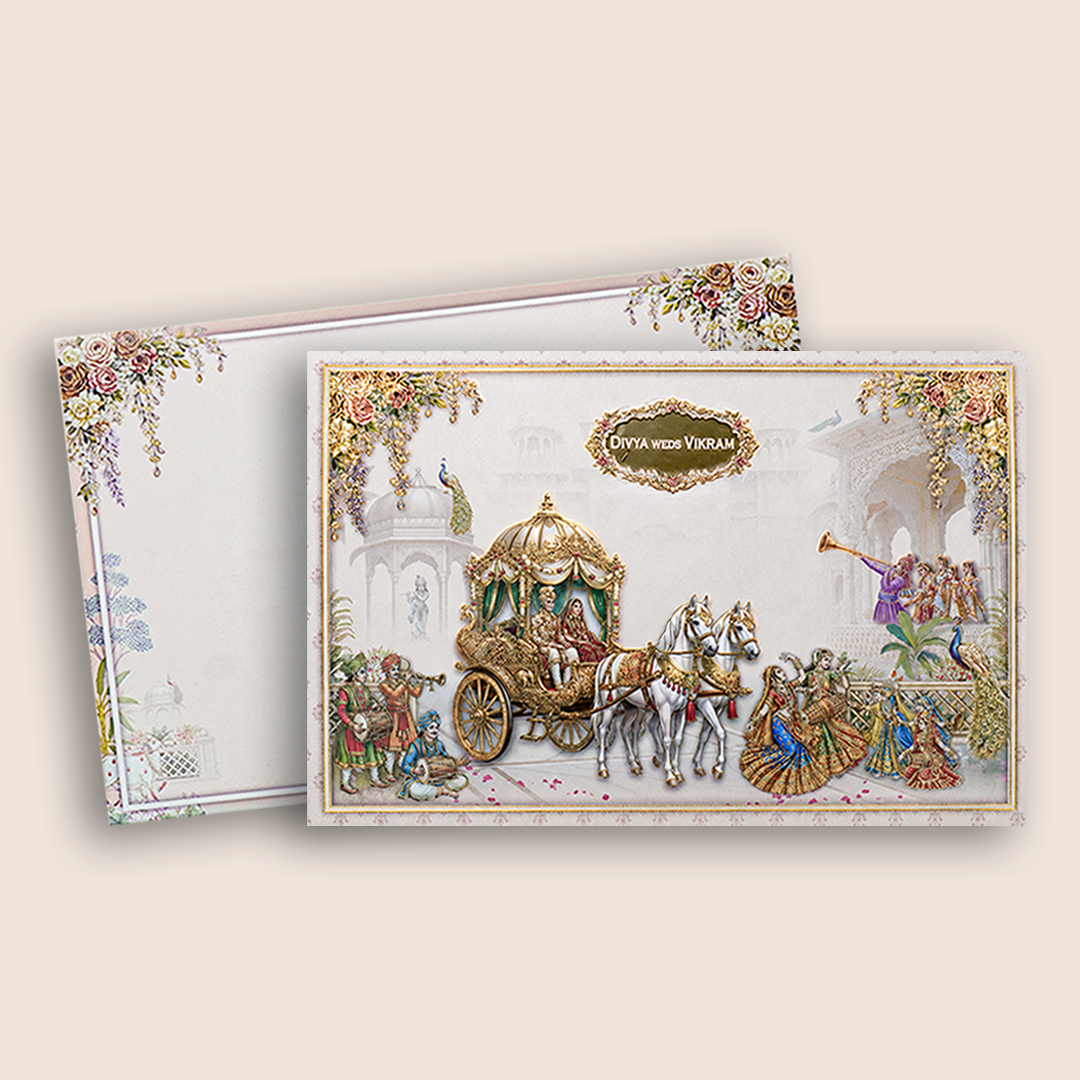 Cream Royal Horse Baraat Wedding Card - KNKT1901C