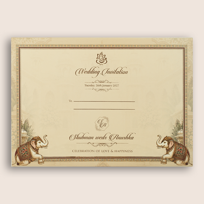 Beige Royal Palace Elephant Padded Wedding Card - KRB10730