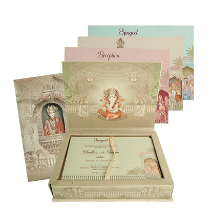 Cream Bride Groom Palace Wedding Invitation Box - KSI63960