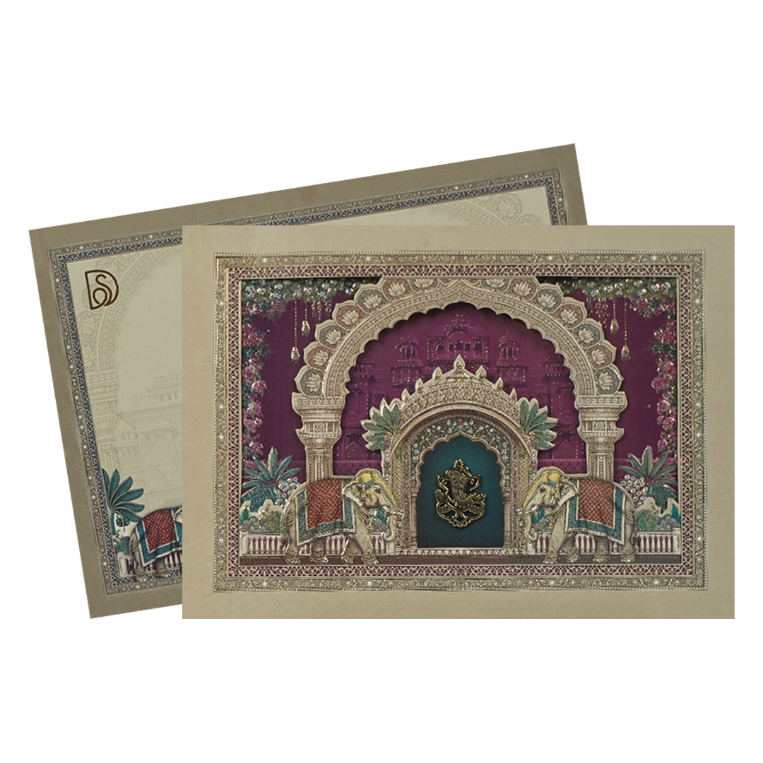 Pink Ganesha Elephant Temple Wedding Card-KSI64930
