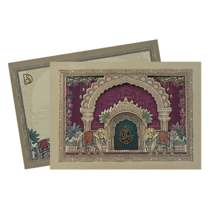 Pink Ganesha Elephant Temple Wedding Card-KSI64930