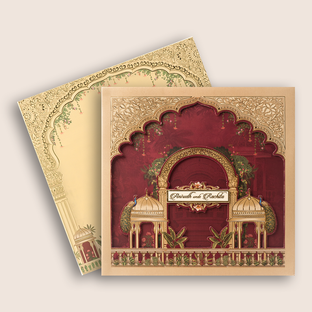 Maroon Jharokha Padded Laser Cut Wedding Card - KAA06250