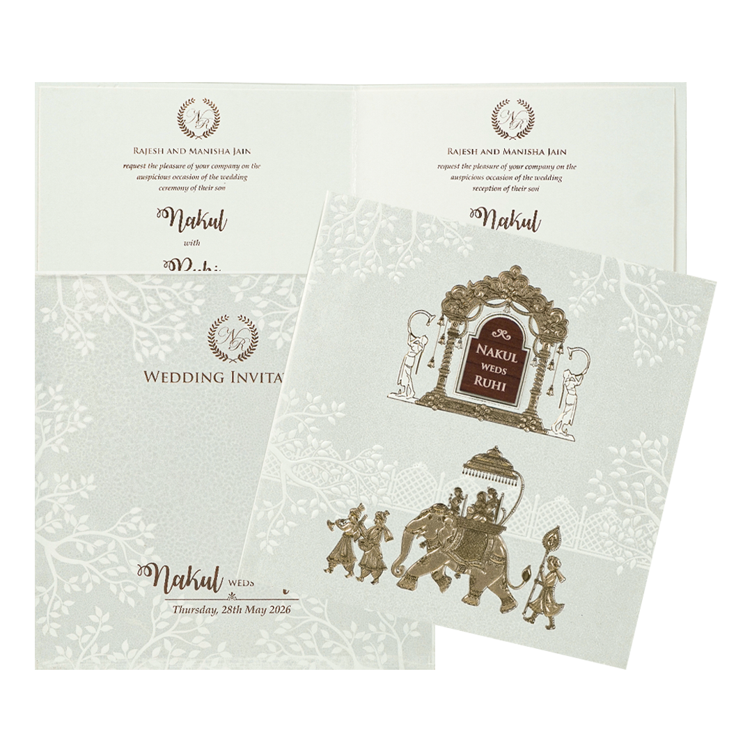 White Royal Procession Elephant Wedding Card-KRE28540