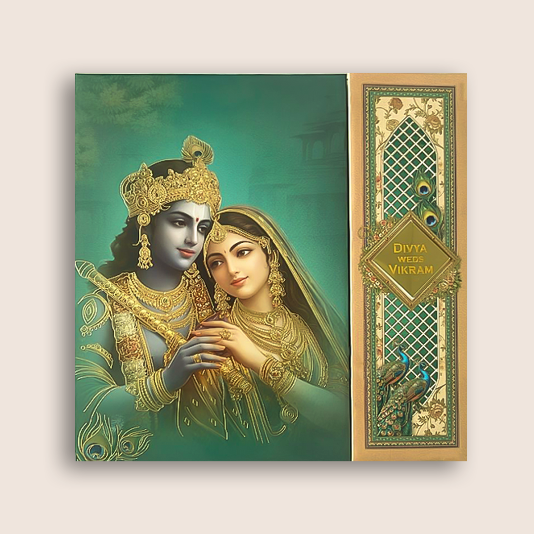 Green Padded Radha Krishna Wedding Card - KNAM4904