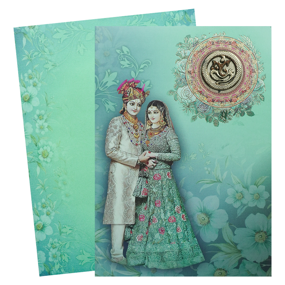 Green Floral Bride Groom Padded Invitation Card-KNEP1601