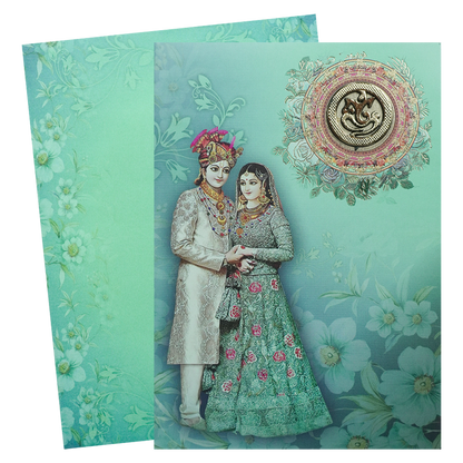Green Floral Bride Groom Padded Invitation Card-KNEP1601