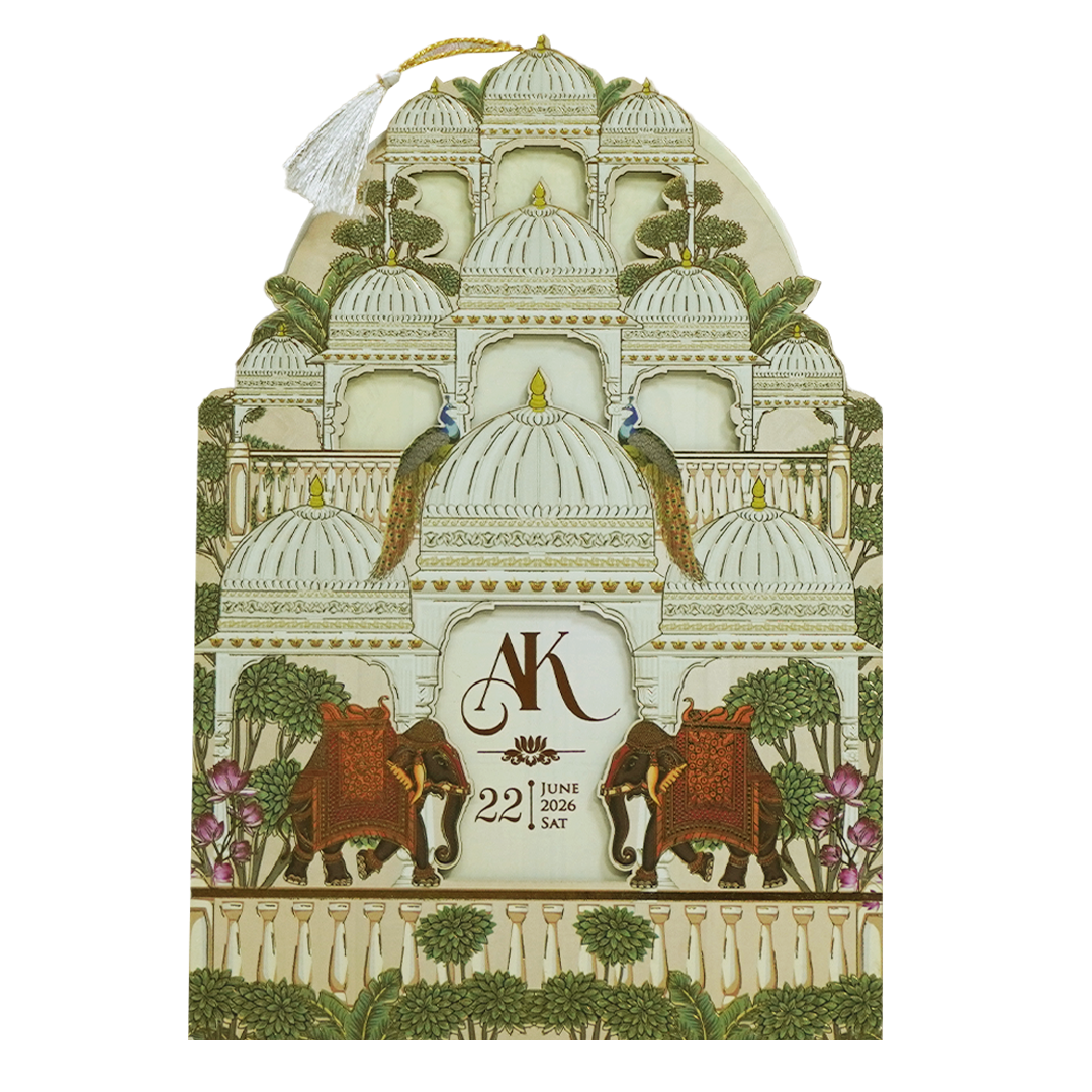 Cream Gold Dome Theme Elephant Wedding Card - KFR16120