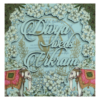 Blue Laser-Cut Floral Elephant Wedding Card - KNPL5805