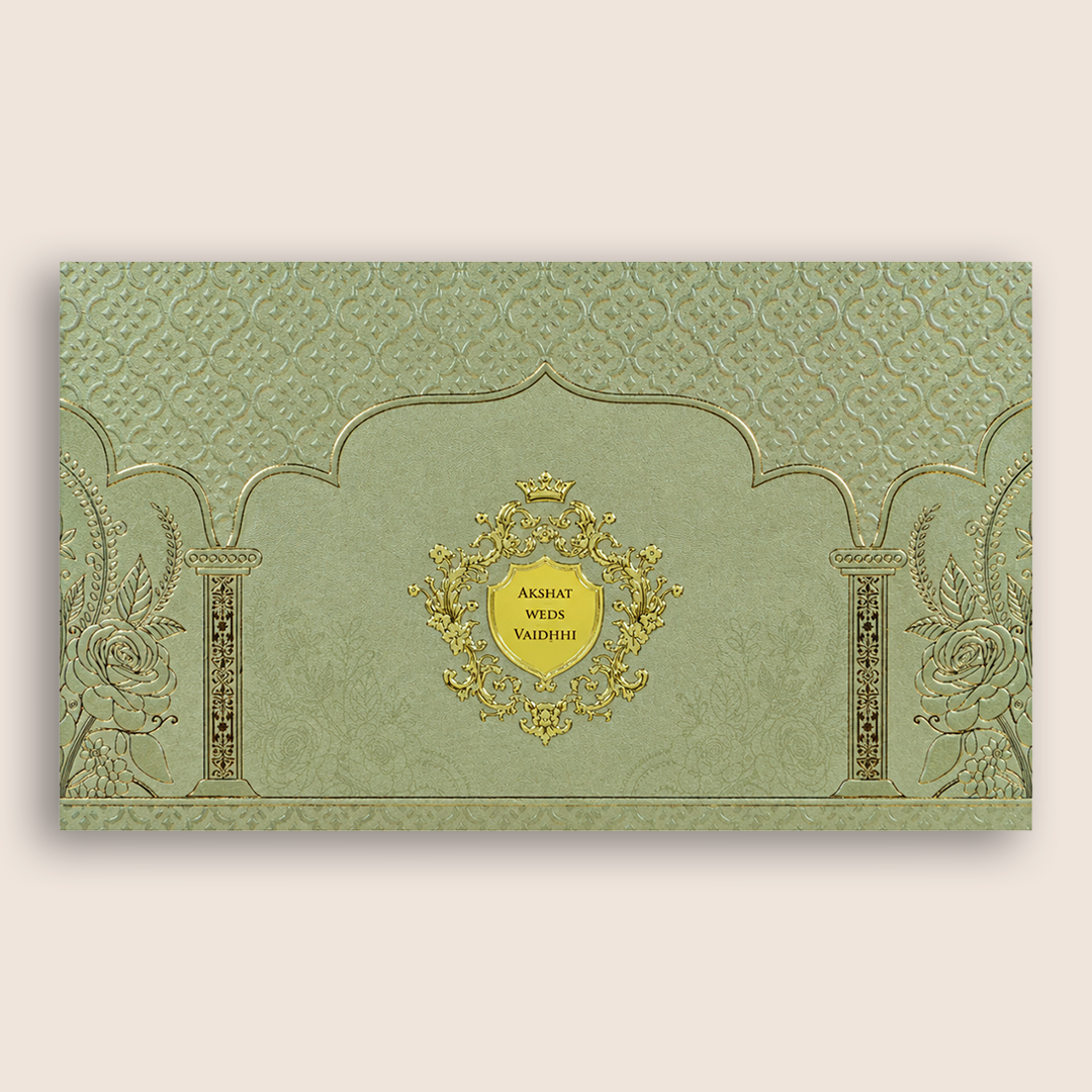 Pista Green Embossed Floral Marriage Card - KPR07530