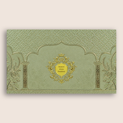 Pista Green Embossed Floral Marriage Card - KPR07530