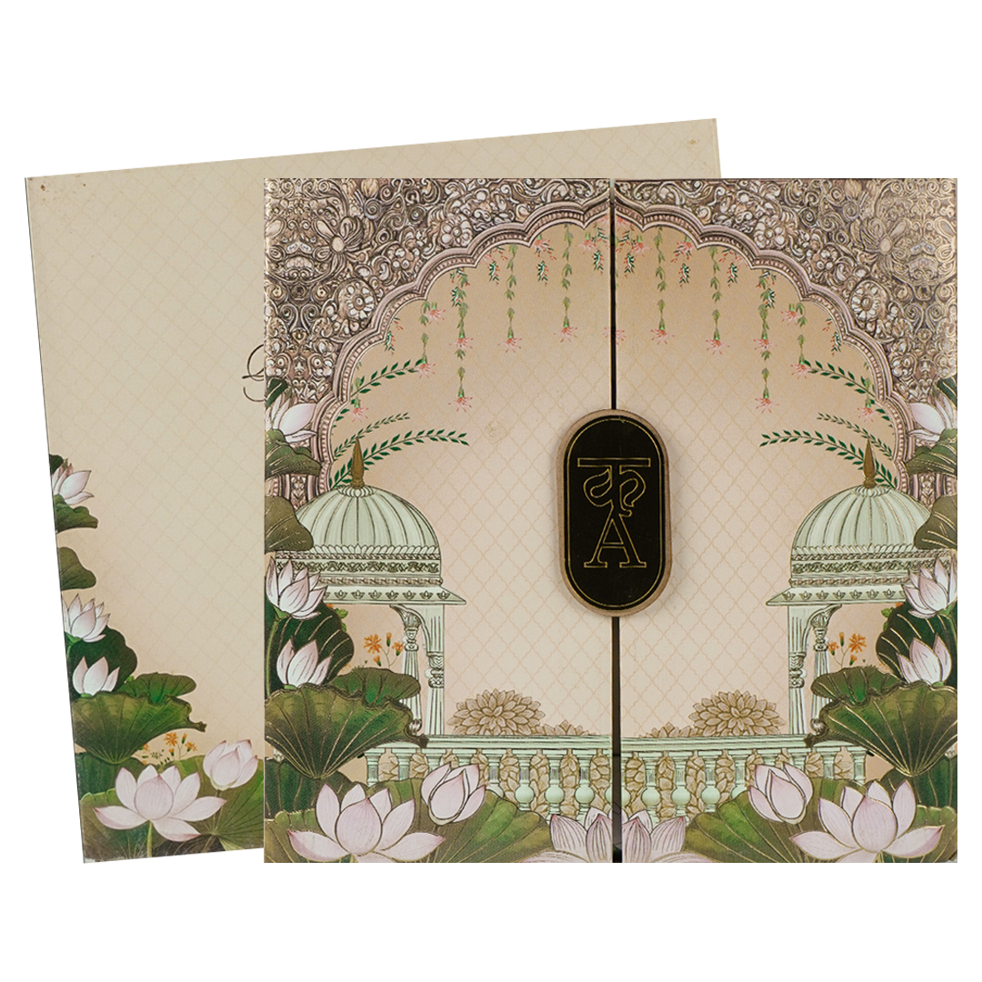 Cream Padded Lotus Wedding Card-KRC31150