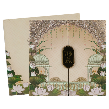 Cream Padded Lotus Wedding Card-KRC31150