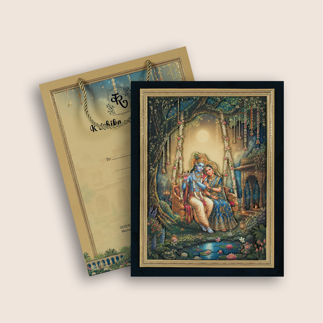Blue Velvet Lord Radha Krishna Luxury Box Invitation - KSI33280