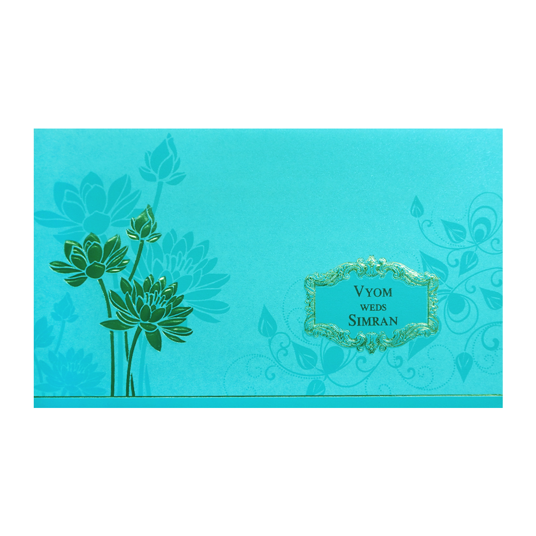Blue Gold Embossed Lotus Wedding Invitation Card-KPR06340