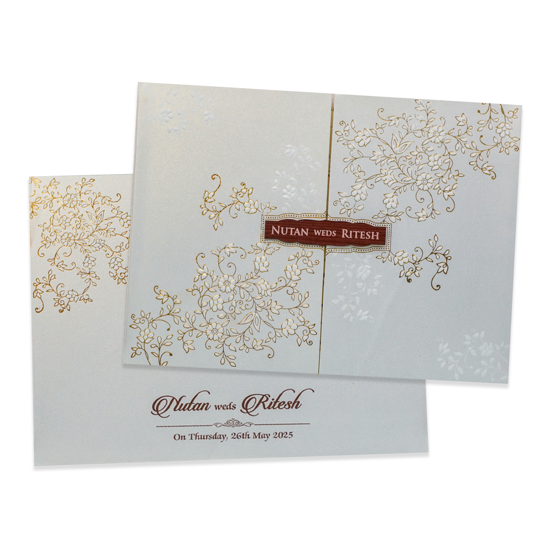 White Gold Floral Door Style Padded Wedding Card - KRE25880